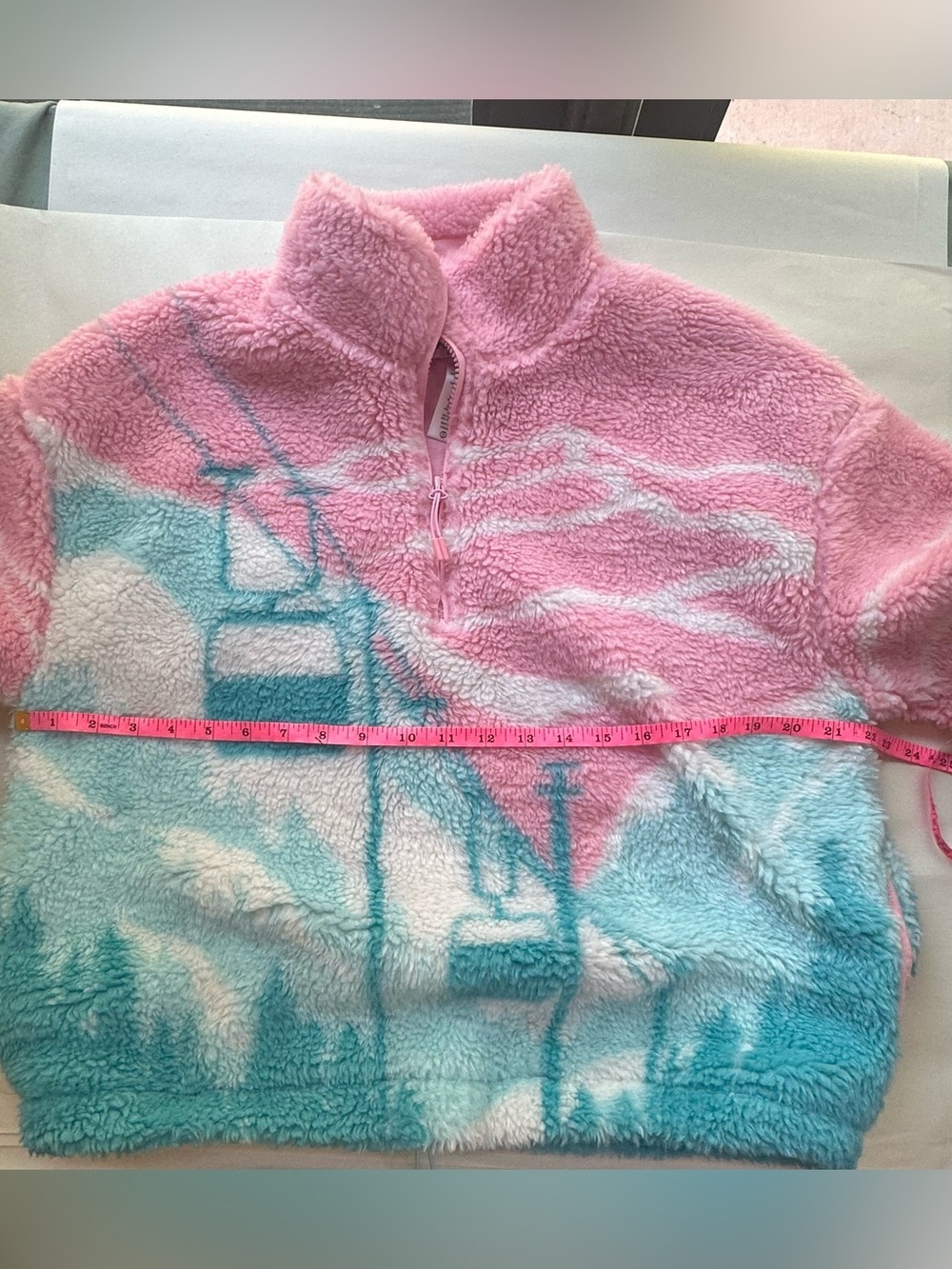 Beach Riot Leona Slopes Sherpa 1/4 Zip Pullover Pink Blue Ski Print Small EUC! - Picture 9 of 10